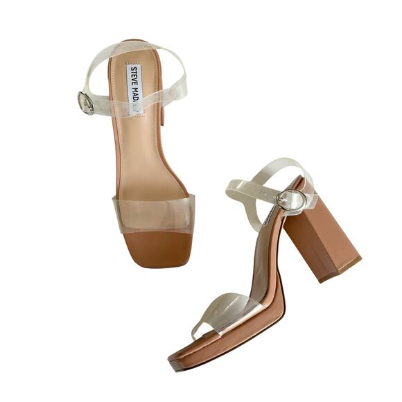 Steve Madden Women’s Persepoliss Beige Clear Strap Block Heel Sandals Size 9.5 - Picture 1 of 6